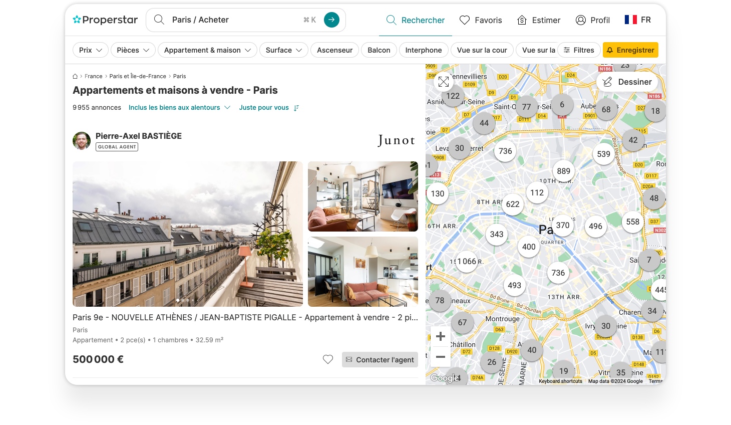 Capture d'écran de la liste de résultats de properstar.fr